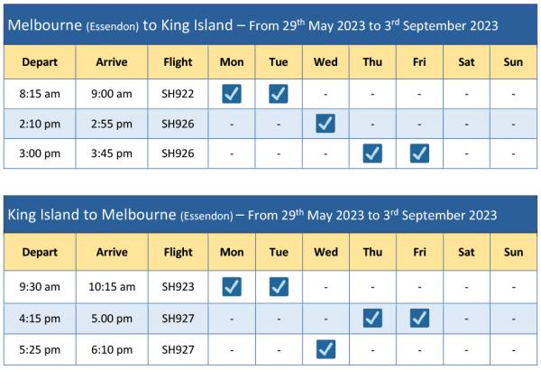 Melbourne King Island schedule From 29 May 23 to 3 Sep 23