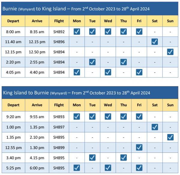 Burnie King Island schedule From 2 Oct 23 to 28 Apr 24