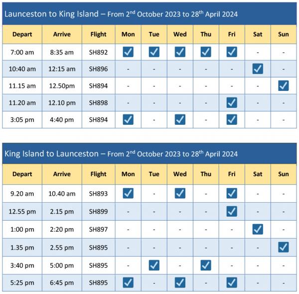Launceston King Island schedule From 2 Oct 23 to 28 Apr 24