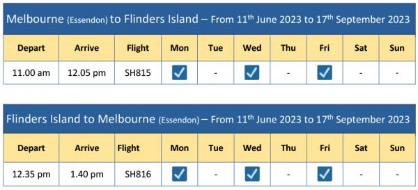 Melbourne Flinders Island schedule 11 June 23 to 17 Sept 23